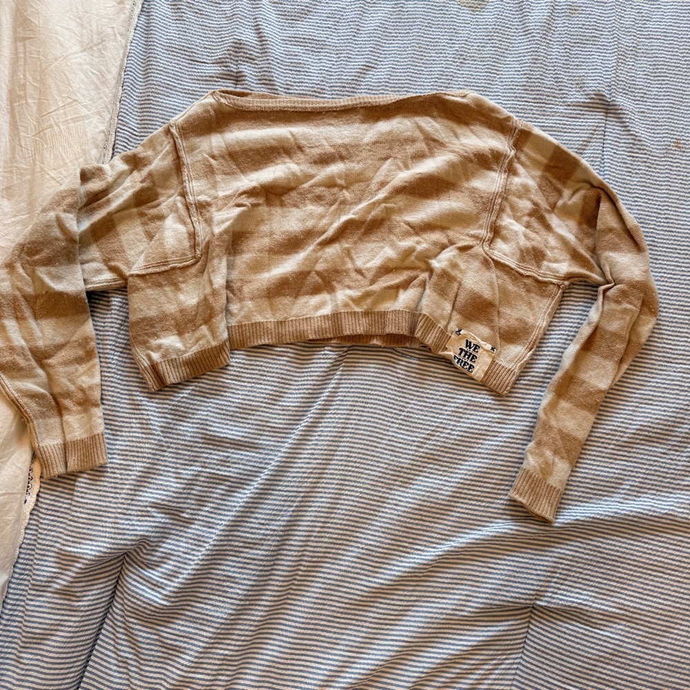 We The Free Beige and Cream Striped Off-the-Shoulder Sweater